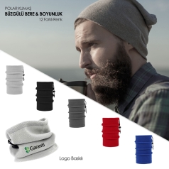 Sarı Renk İp Büzgülü Polar Bere ve Boyunluk 