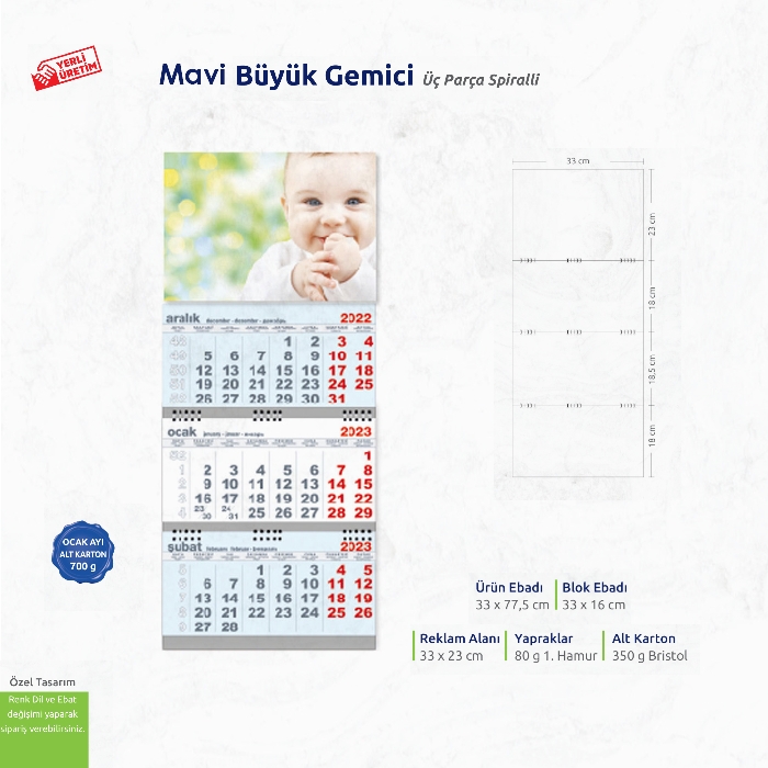Büyük Gemici Mavi Üç Parça Spiralli 
