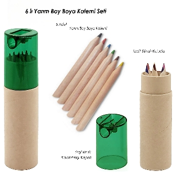 Yarım Boy 6'lı Boya Kalemi Kraft Silindir Kutulu