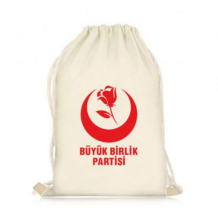 Büyük Birlik Partisi Logo Baskılı İp Büzgülü Ham Bez Çanta