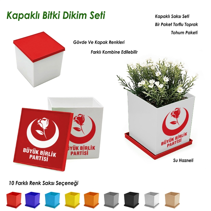 Büyük Birlik Partisi Logo Baskılı Kapaklı Bitki Dikim Seti - Kare
