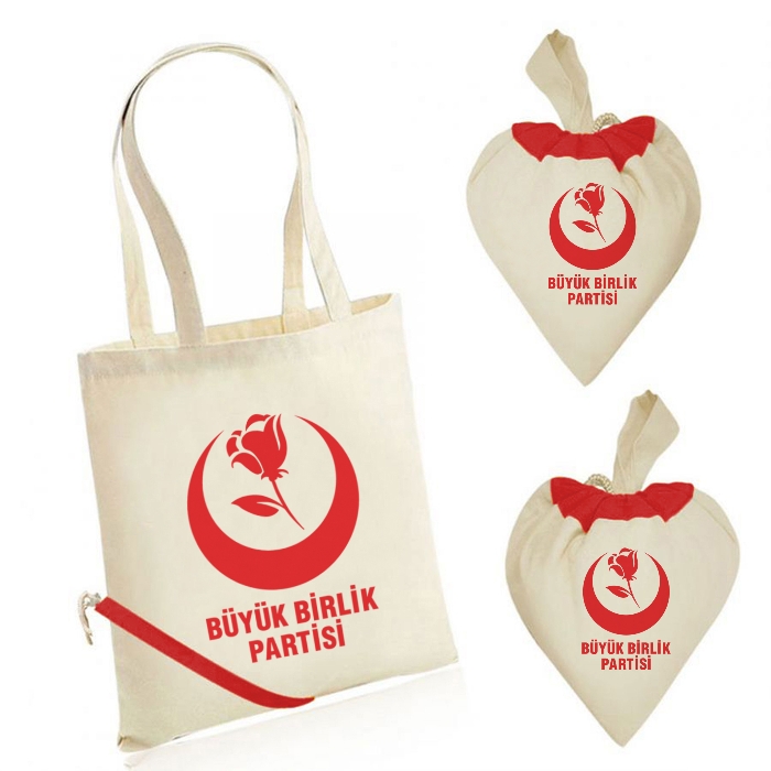 Büyük Birlik Partisi Logo Baskılı Kalp Büzgülü Ham Bez Çanta