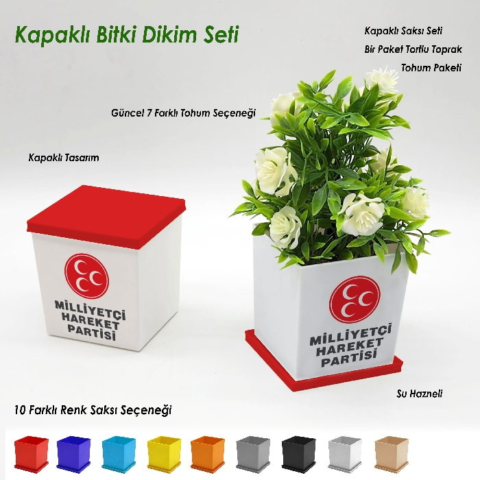MHP Logo Baskılı Kapaklı Bitki Dikim Seti - Kare