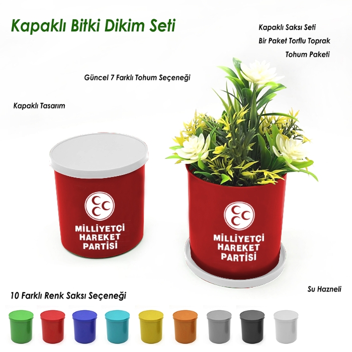 MHP Logo Baskılı Kapaklı Bitki Dikim Seti - Yuvarlak