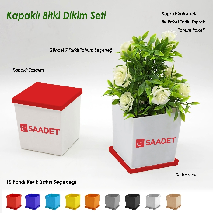 Saadet Partisi Logo Baskılı Kapaklı Bitki Dikim Seti - Kare