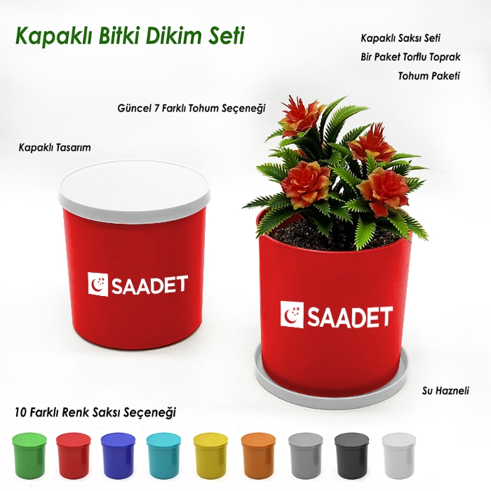 Saadet Partisi Logo Baskılı Kapaklı Bitki Dikim Seti - Yuvarlak