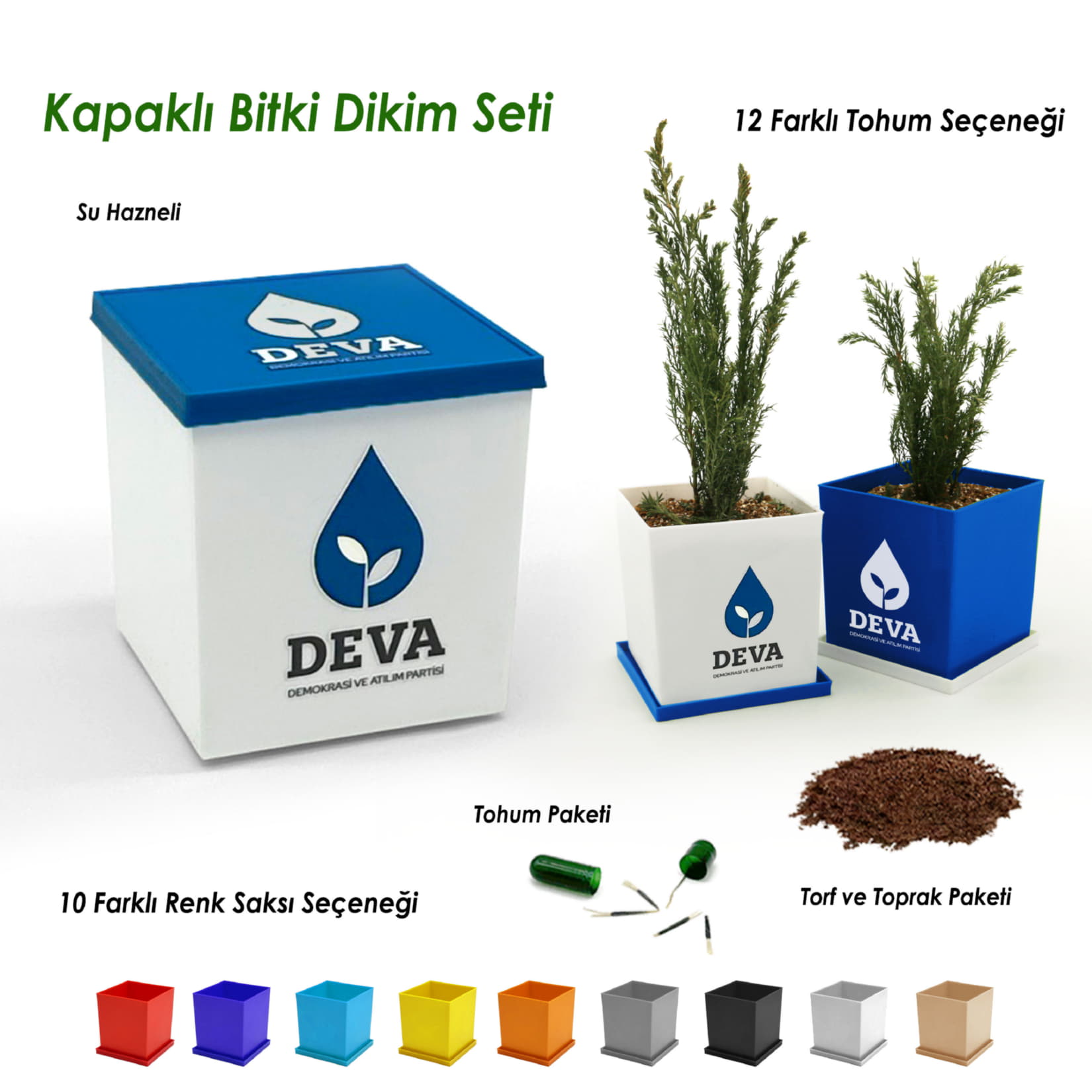 DEVA Partisi Baskılı Kapaklı Bitki Dikim Seti - Kare