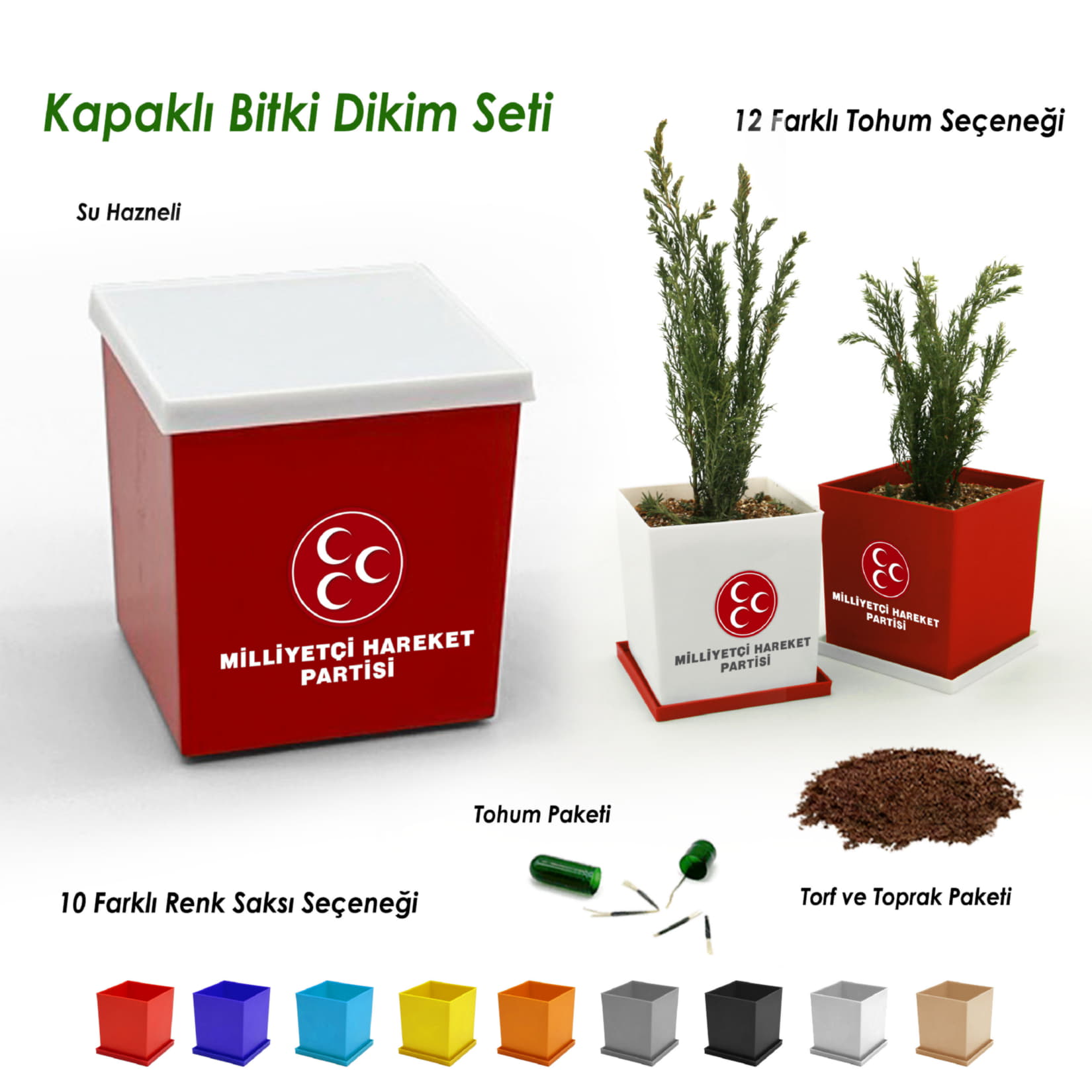 MHP Logo Baskılı Kapaklı Bitki Dikim Seti - Kare