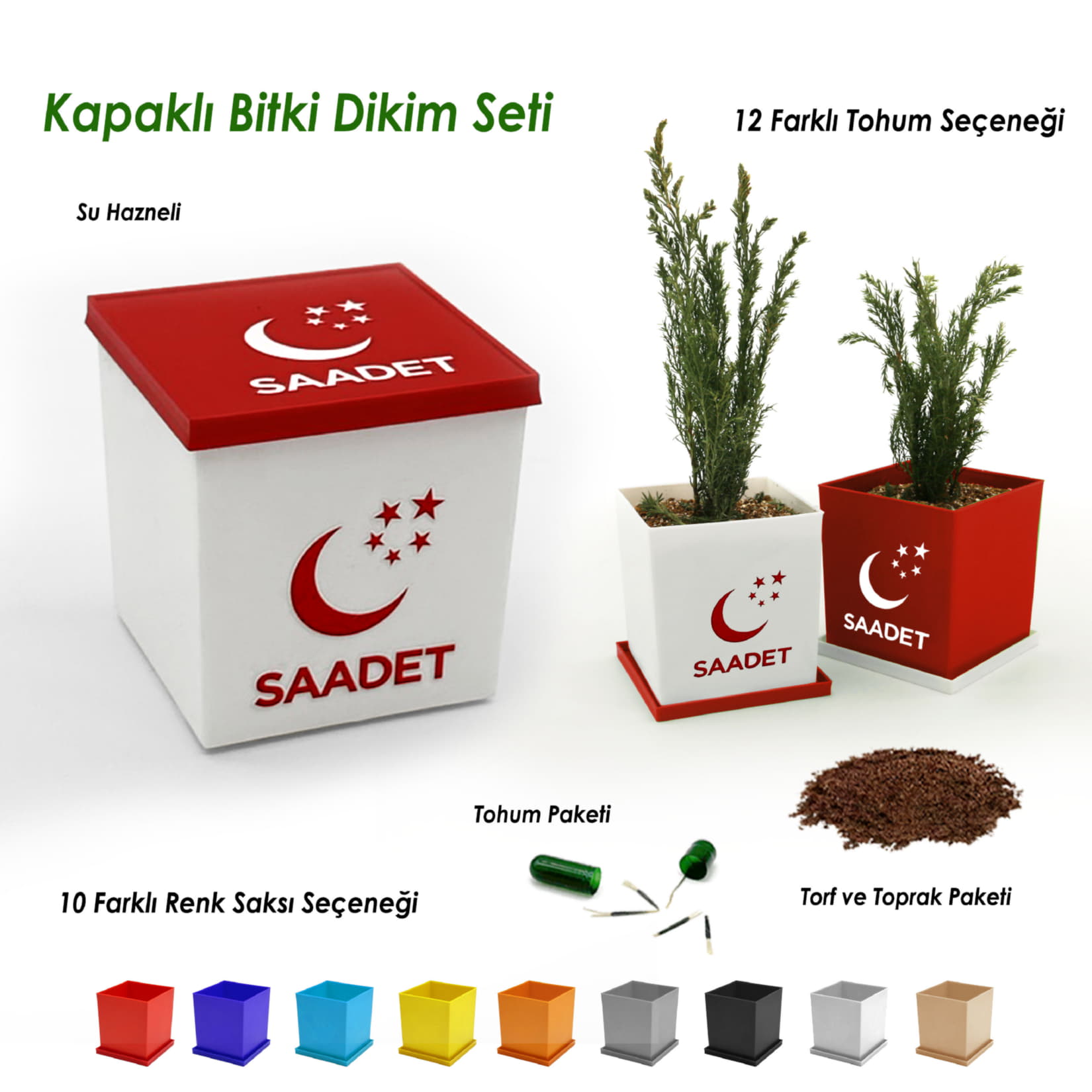 Saadet Partisi Logo Baskılı Kapaklı Bitki Dikim Seti - Kare