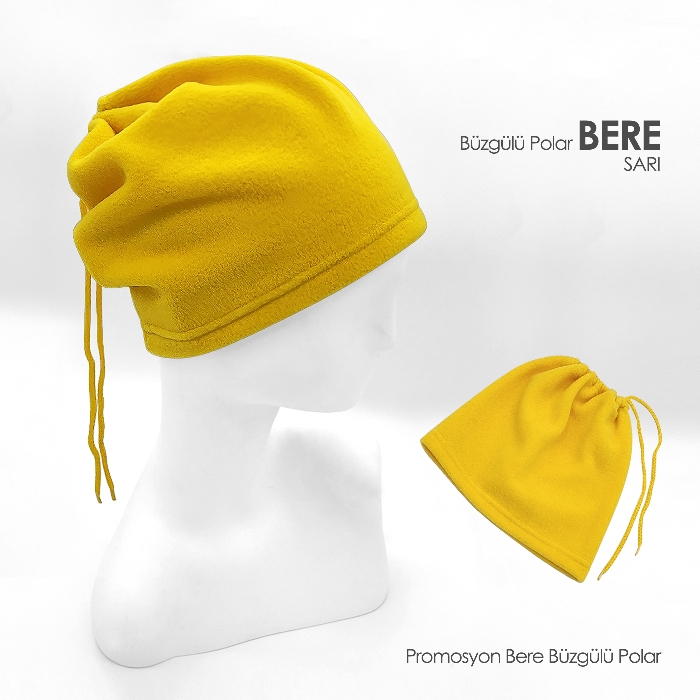 Sarı Renk İp Büzgülü Polar Bere ve Boyunluk 