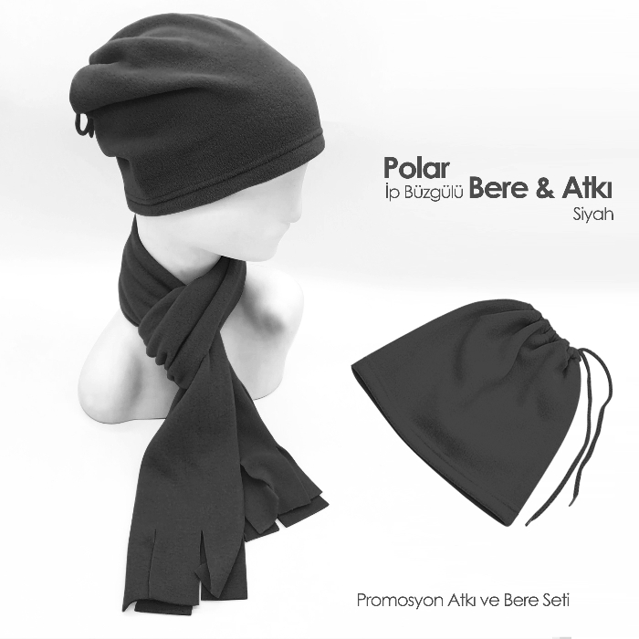 Füme Rengi İp Büzgülü Polar Bere ve Atkı Seti