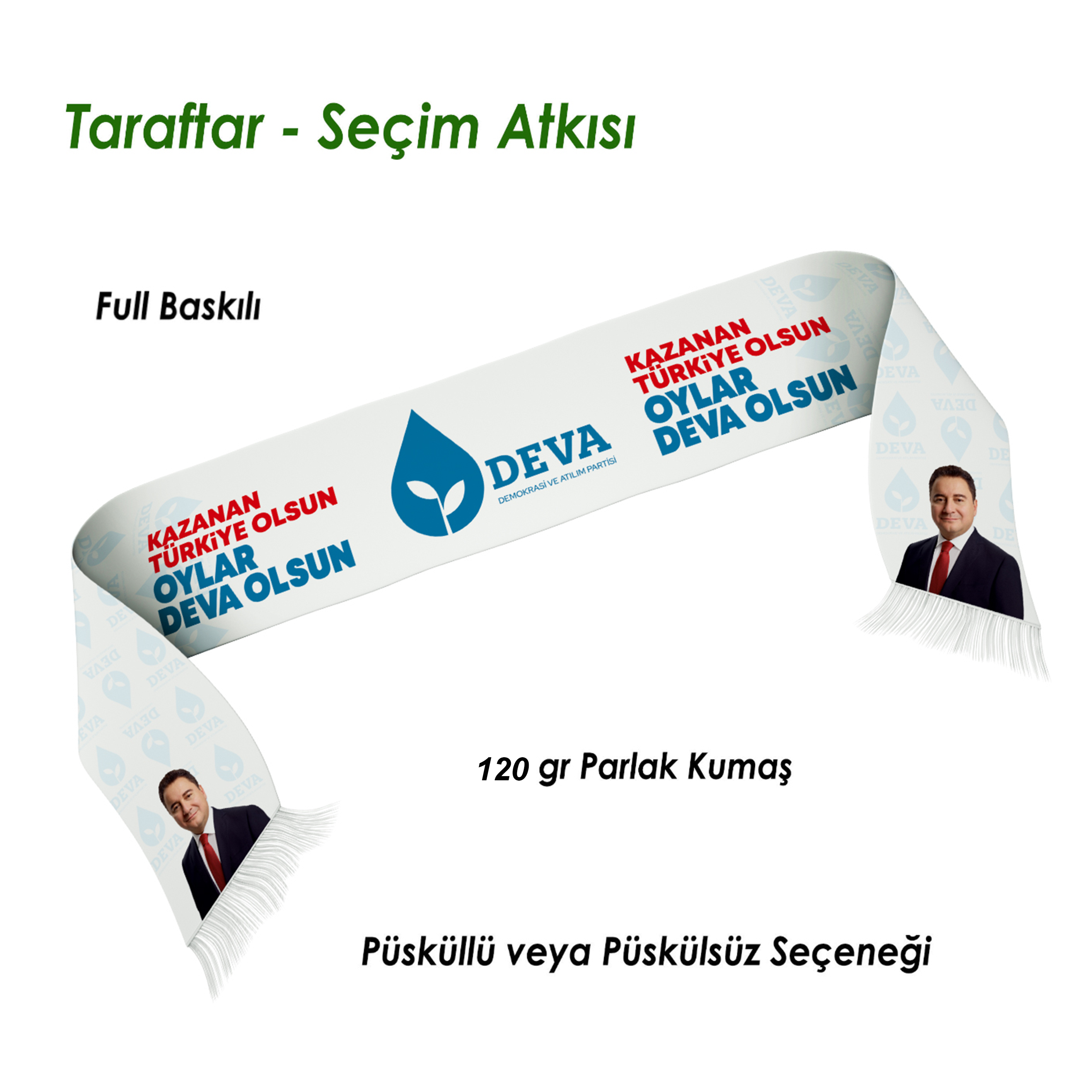 Deva Partisi Ful Zemin Resim Baskılı Saten Seçim Atkısı