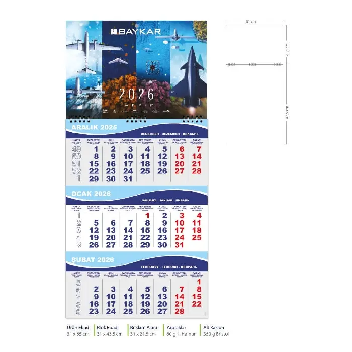 Tek Parça Spiralli Promosyon Gemici Takvim