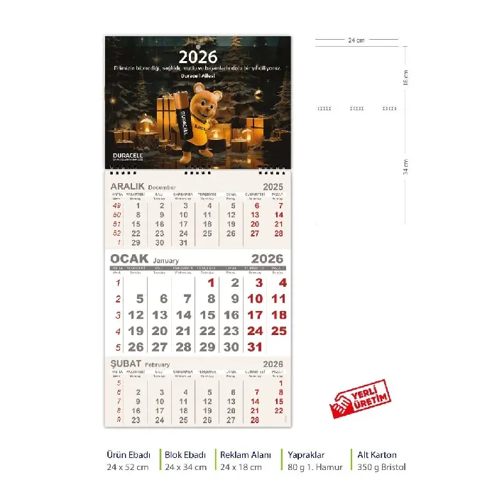 Tek Parça Spiralli Promosyon Gemici Takvim