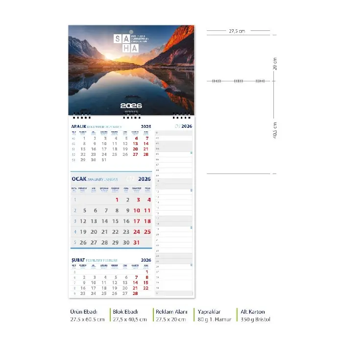 Tek Parça Spiralli Promosyon Gemici Takvim