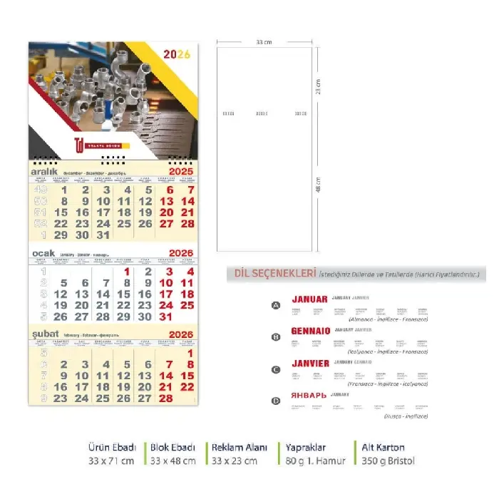 Sarı Tek Parça Spiralli Promosyon Gemici Takvim