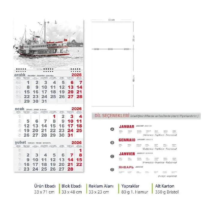 Gri Tek Parça Spiralli Promosyon Gemici Takvim