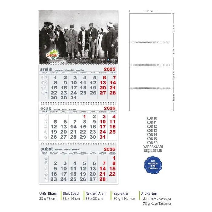 Üç Parça Spiralli Promosyon Gemici Takvim