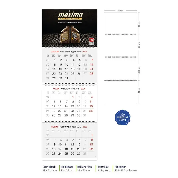 Üç Parça Spiralli Promosyon Gemici Takvim