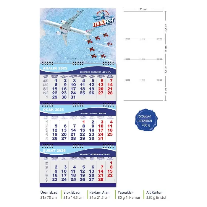 Üç Parça Spiralli Promosyon Gemici Takvim