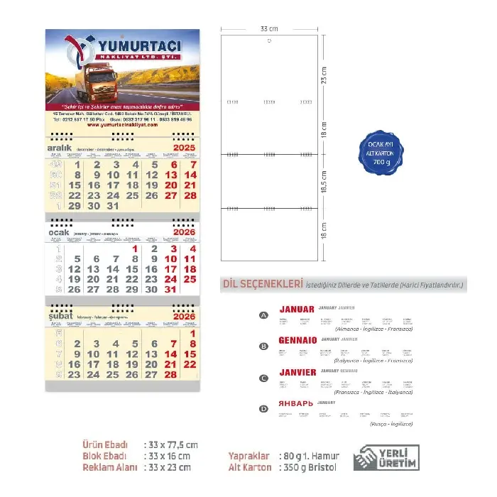 Üç Parça Spiralli Promosyon Gemici Takvim