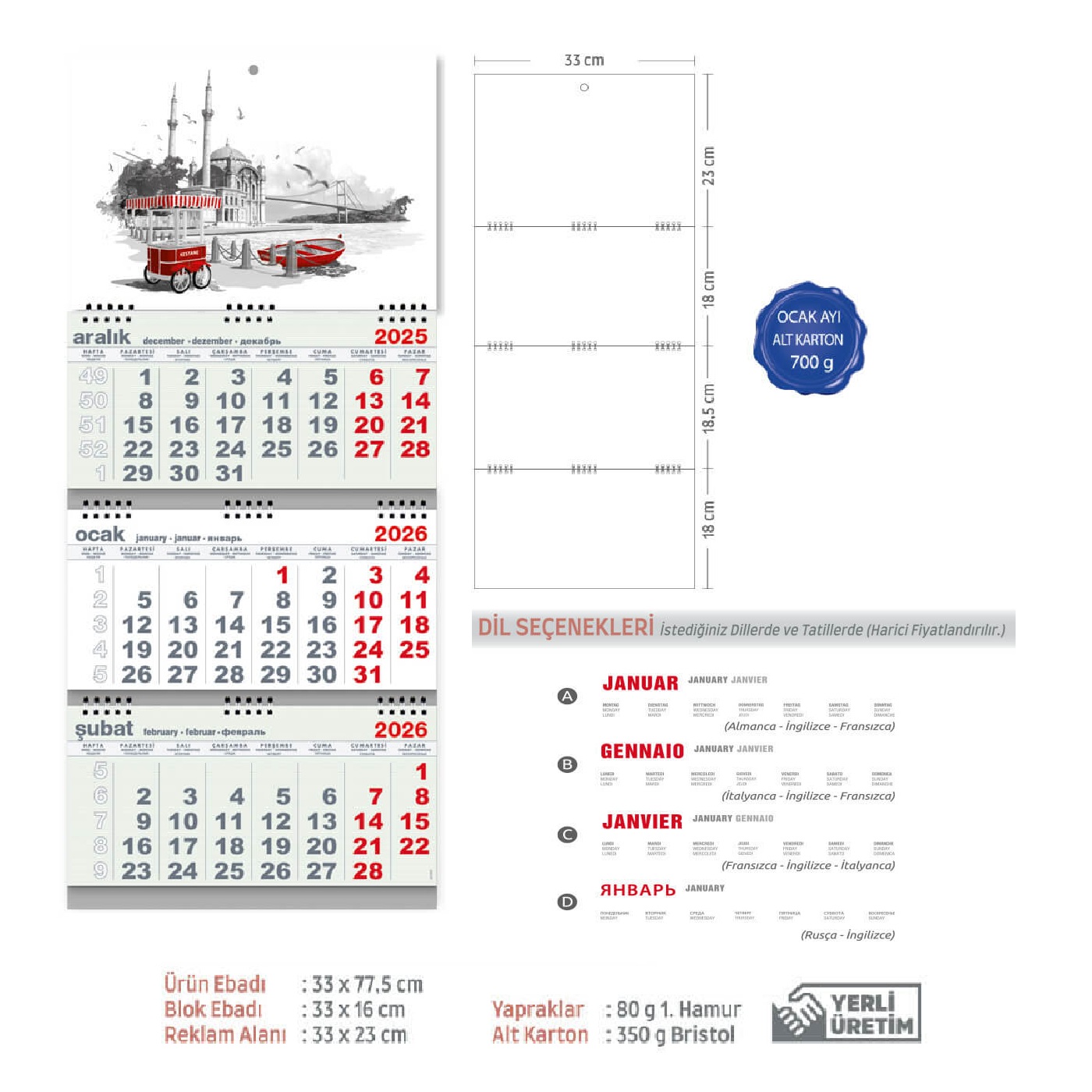 Yeşil Üç Parça Spiralli Promosyon Gemici Takvim