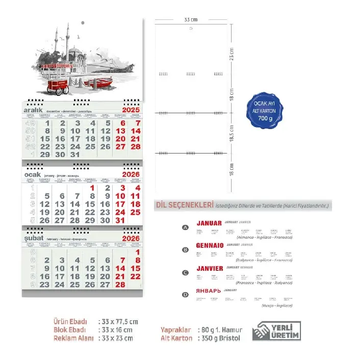 Yeşil Üç Parça Spiralli Promosyon Gemici Takvim