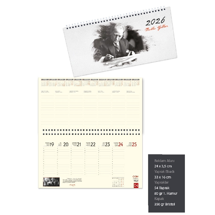 33 x 16cm Atatürk Temalı 2026 Masa Takvimi