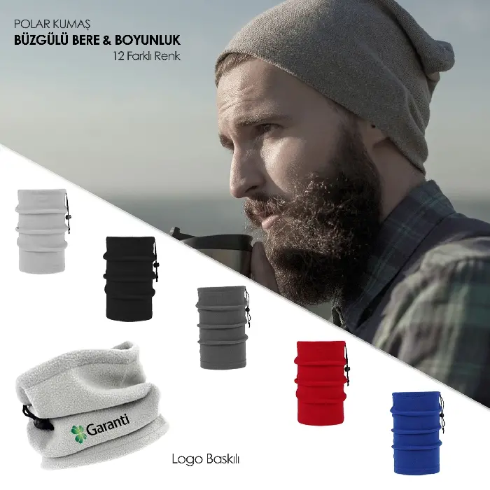 Sarı Renk İp Büzgülü Polar Bere ve Boyunluk 