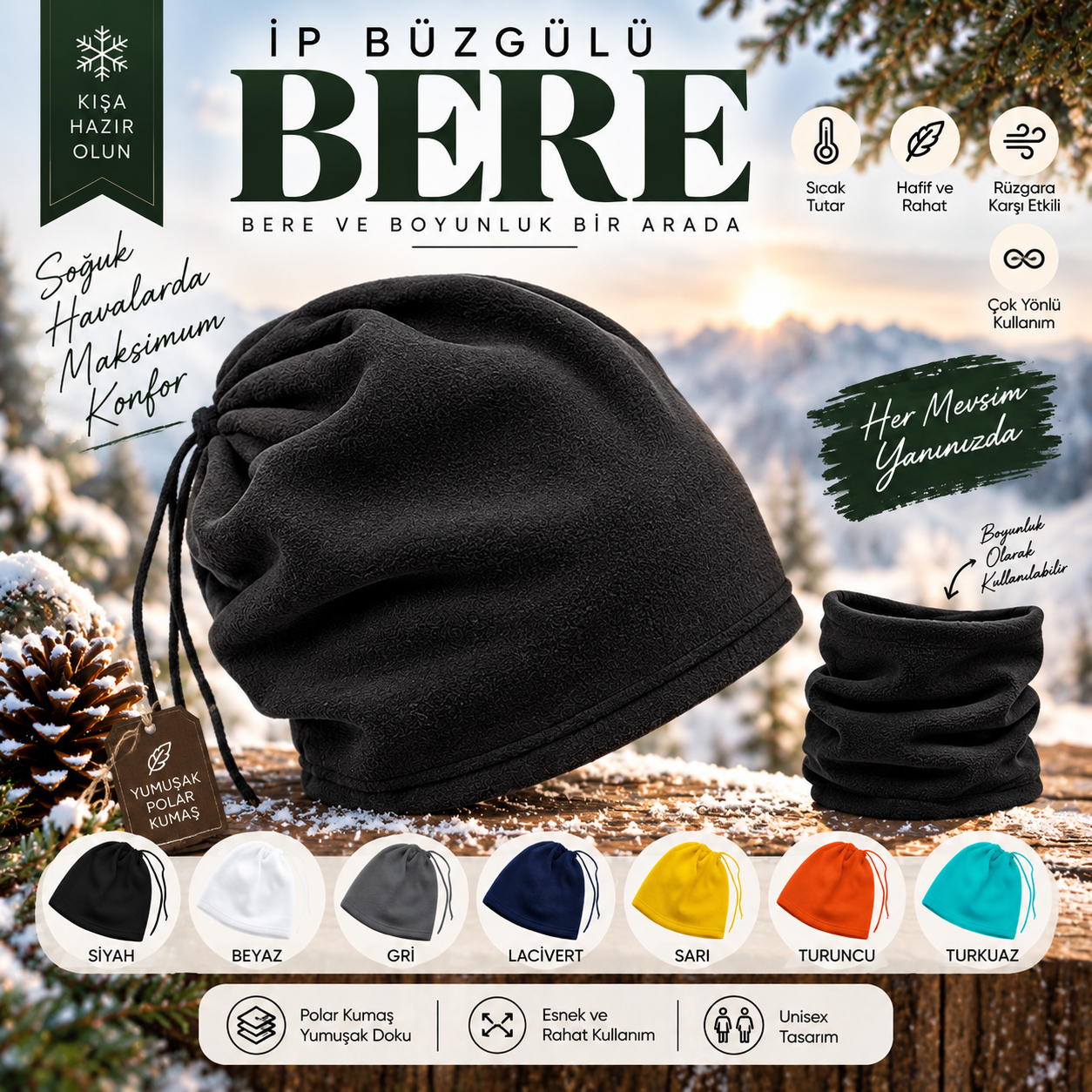 İp Büzgülü Polar Bere ve Boyunluk