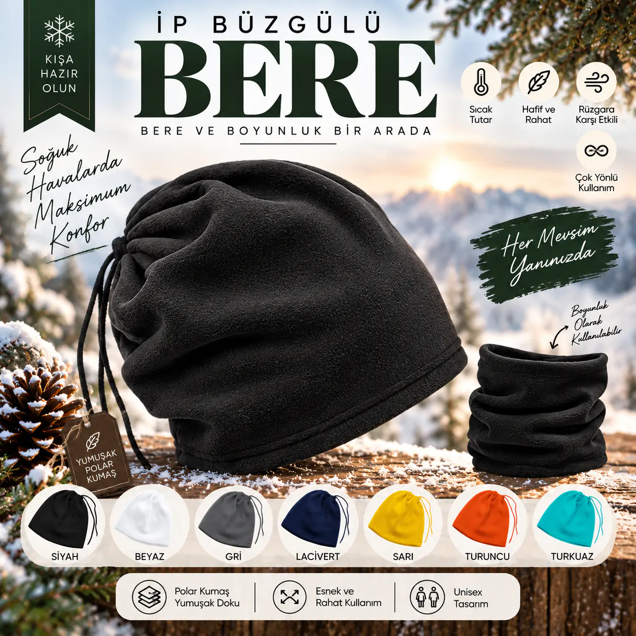 İp Büzgülü Polar Bere ve Boyunluk 