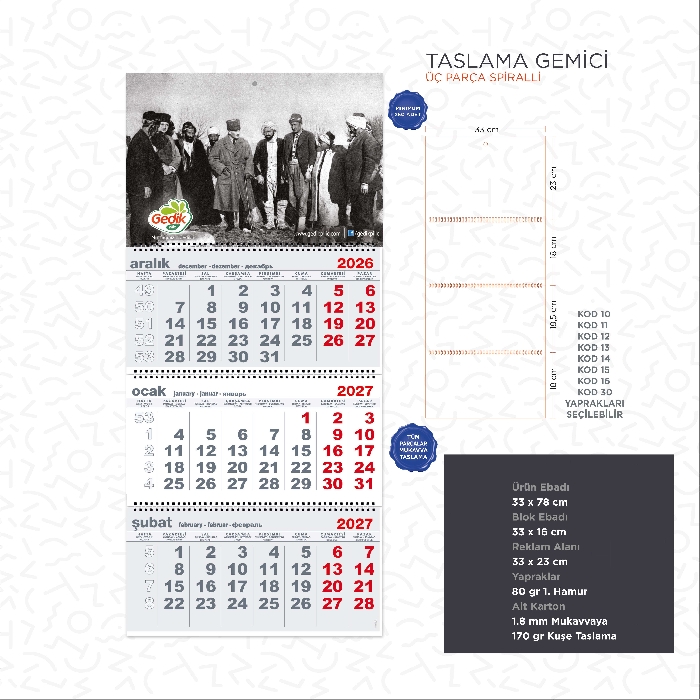 Üç Parça Spiralli Promosyon Gemici Takvim