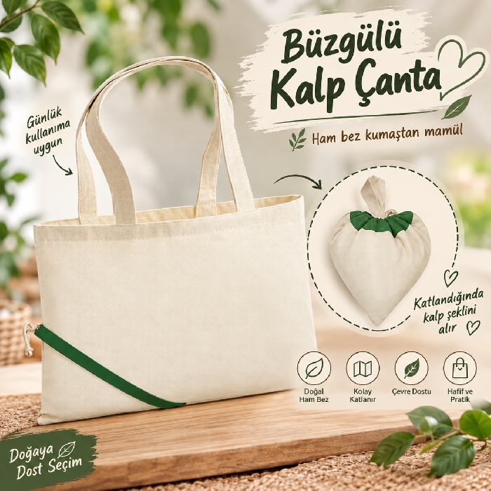 Yatay Kalp Büzgülü Çanta Ham Bez
