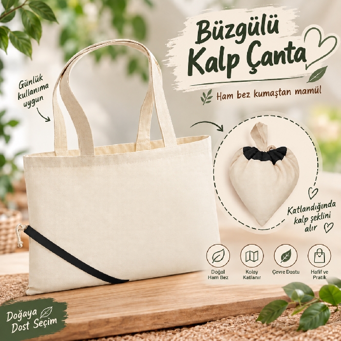 Ham Bez Kalp Şekilli Çanta Büzgülü