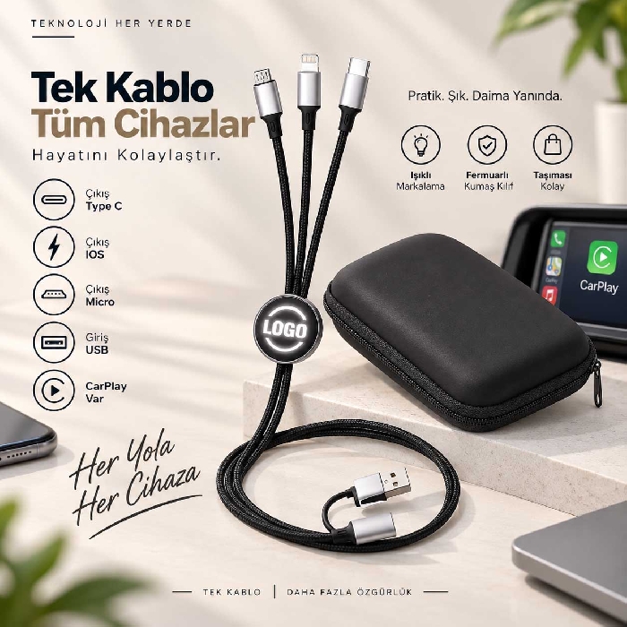 Promosyon Uzun Boy 3' lü Şarj Kablosu