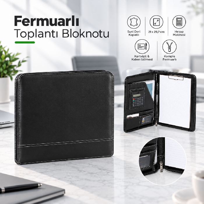 Deri Kapak Fermuarlı Sekreterlik