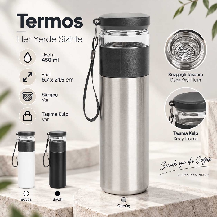 Süzgeçli 450 ml Termos