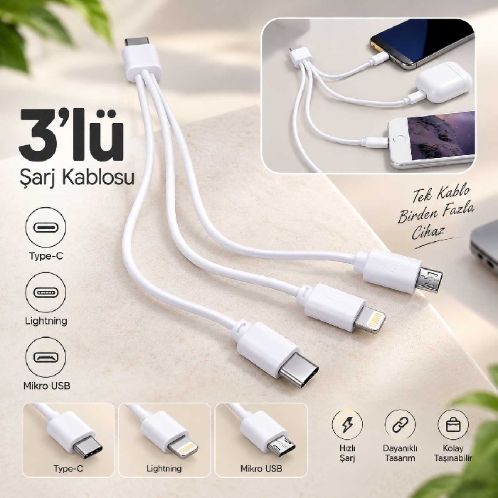 Promosyon 3' lü Type-C Şarj Kablosu