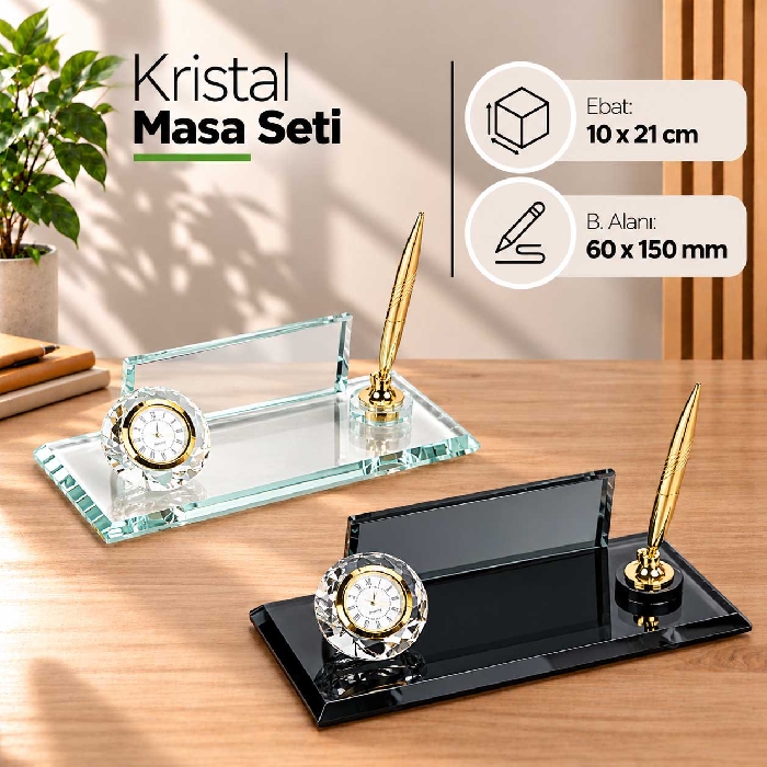 Kalemli, Saatli ve Telefon Standlı Kristal Masa Setleri