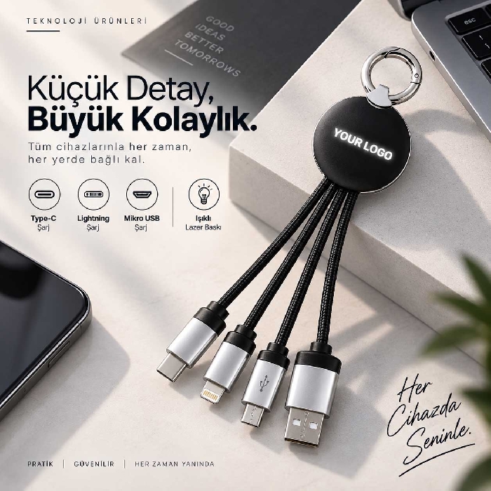 Promosyon 3' lü Işıklı Şarj Kablosu 