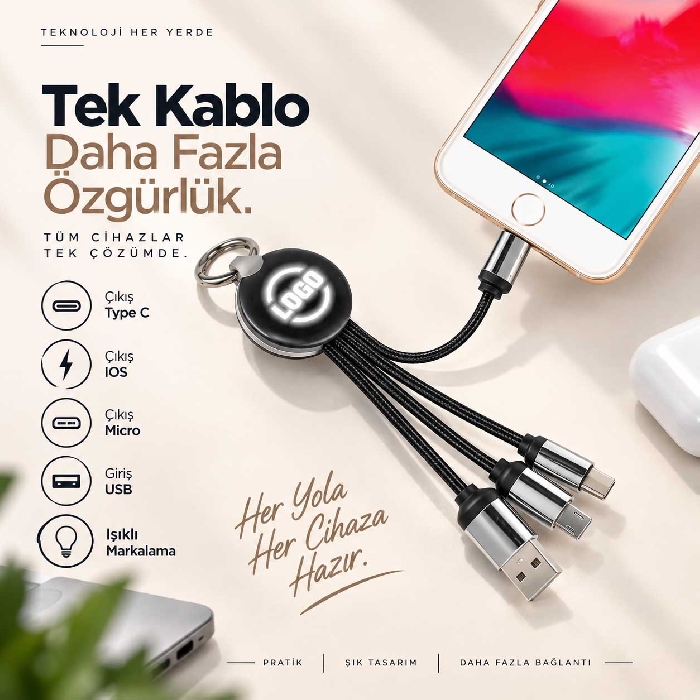 Işıklı 3'lü Şarj Kablosu 