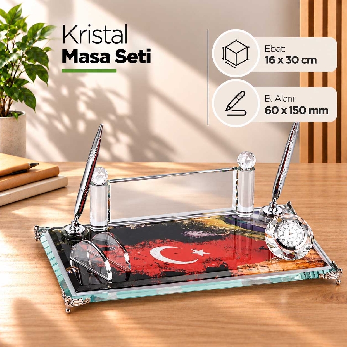 Türk Bayraklı Kristal Masa Seti